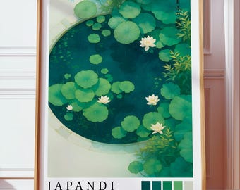 Water Lilies Japandi Poster, Lotus Pond Print, Botanical Wall Art, Japanese Zen Garden Wallpaper, Wabi Sabi Aesthetic, Floral Affiche Murale