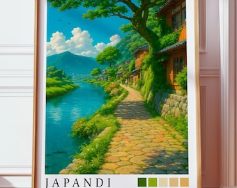 Riverside Japandi Poster, Mountain Print, Summer Scenery Wall Art, Scandinavian Japanese Wallpaper, Wabi Sabi, Zen Aesthetic Affiche Murale