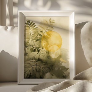 Poster astratto botanico illuminato dal sole, decorazione della natura gialla e verde, arte murale minimalista, case moderne, decorazione ispirata alla natura, arte murale rilassante