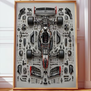 May include: A framed wall art print displaying a disassembled Formula 1 race car in a top-down knolling arrangement. The central chassis is surrounded by organized mechanical components, including tires, suspension parts, and aerodynamic wings.
