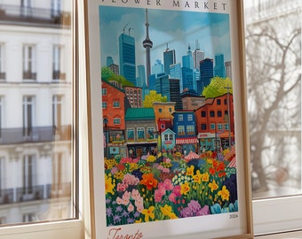 Poster bloemenmarkt Toronto, kunst aan de muur Canada stad, reisposter Toronto, kleurrijke stadskunst, reisposter Toronto, Canadese stad