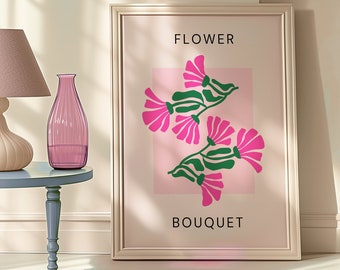 Flower Bouquet Poster, Retro Floral Wall Art, Pink and Green Botanical Print, Mid-Century Decor, Vintage-Inspired Home Art, Flower Art