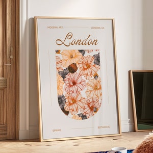 London Spring Botanical Art, Floral Art, Orange&Beige Flower Illustration, UK-Inspired Botanical Print, Spring Flower, Elegant London Decor