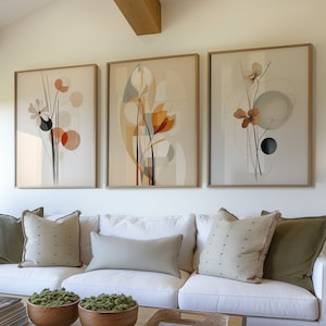 Moderne abstrakte Blumen Art Prints, 3er-Set, minimalistische Wandkunst, botanisches Dekor für Wohnzimmer, zeitgenössische Blumenkunst, Mid-Century Kunst