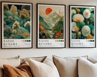 May include: Three framed art prints by Yayoi Kusama. The prints feature colorful landscape and floral designs. The frames are black, and the prints are displayed above a row of neutral-toned pillows on a built-in bench.