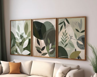 Green Botanical Art Prints, Set of Three, Modern Abstract Leaf Wall Art, Nature-Inspired Decor for Living Room or Bedroom