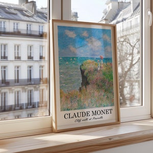 Lámina de Claude Monet, póster de paseo por el acantilado, arte mural costero impresionista, decoración costera francesa, lámina de paisaje de Monet, póster costero romántico