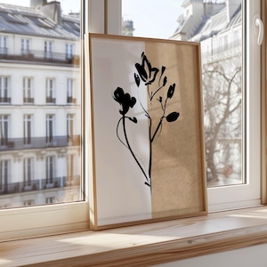 Minimalistische Wandkunst, Wanddekor, Beige Zeichnung, Schwarze Zeichnung, Botanisches Poster, Moderne Blumenkunst Druck