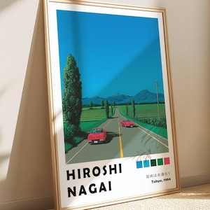 Red Ferrari Hiroshi Nagai Poster, Mountain Road View, Retro Car Painting, Japanese 80s City Pop Art Print, Wabi Sabi, Exhibition Wall Art