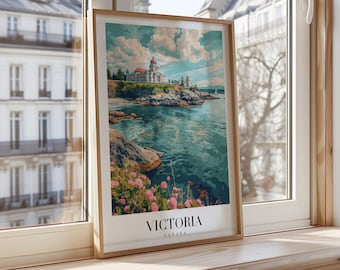 Victoria City Poster, Canada Coastal Print, Lighthouse Wall Art, Pacific Northwest Landscape, Victoria Canada Travel Art, Nature Decor