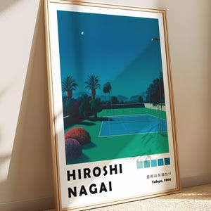 Poster di Hiroshi Nagai con campo da tennis, arte estiva, stampa pop art giapponese anni '80, vaporwave retrò, decorazione da parete Japandi, carta da parati Wabi Sabi