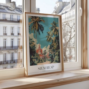 Siem Reap Cambodia Temple Poster, Southeast Asia Travel Print, Palm Trees Landscape, Siem Reap Wall Art, Angkor Wat Decor, Cambodia Poster