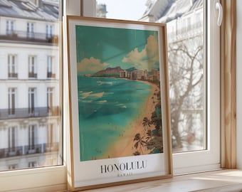 Honolulu Hawaii Poster, Waikiki Beach Wall Art, Tropical Beach Decor, Hawaii Travel Art Print, Scenic Coastal Poster, Hawaiian Islands Decor