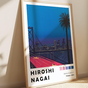 Bay Bridge Hiroshi Nagai Poster, Nostalgic Pixel Art, Japanese 80s City Pop Art Print, Retro Vaporwave Painting, Synthwave Retro Wall Decor