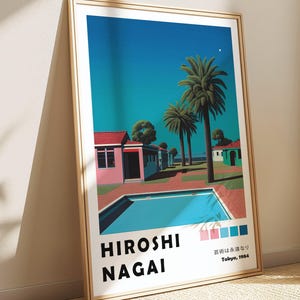 Palm Springs Hiroshi Nagai Poster, Mediterranean Art, Japanese City Pop Art Print, Retro Vaporwave Painting, Japandi Pool Summer Wallpaper