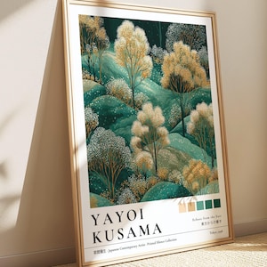 Goldener Baum Yayoi Kusama, Japanischer Wald Druck, Salbeigrüne Tapete, Japandi Wandkunst, Wabi Sabi Poster, Zen Malerei, Botanisches Kunstwerk