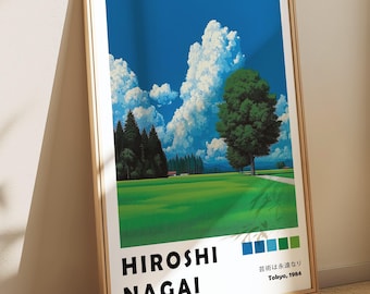 Countryside Hiroshi Nagai Poster, Blue Sky Green Nature Art, Japanese 80s City Pop Art Print, Retro Vaporwave Painting, Japandi Wall Decor
