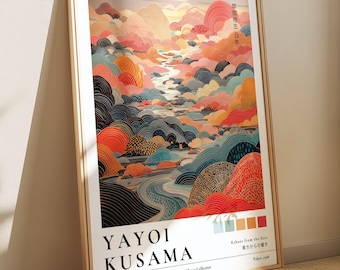 Yayoi Kusama, rivière des nuages, impression colorée de la colline arc-en-ciel, papier peint, art mural Japandi, affiche Wabi Sabi, peinture zen, oeuvre d'art vague à pois