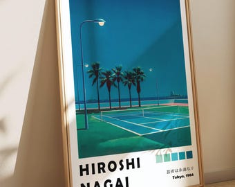 Affiche de Hiroshi Nagai sur le court de tennis, impression Pop Art ville vintage des années 80, peinture Vaporwave rétro, décoration murale Japandi, papier peint Palm Spring