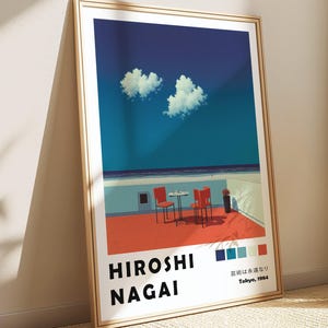 Seaside Terrace Hiroshi Nagai Poster, Exhibition Art, 90s Coastal Pop Art Print, Modern Painting, Japandi Wall Decor, Wabi Sabi Wallpaper