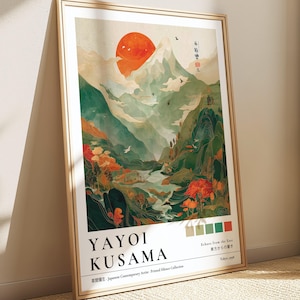 Fidschi Berg Yayoi Kusama, Wald Tapete, Bunte Landschaft, Grünes Japandi Wandbild, Wabi Sabi Poster, Japan Zen Malerei