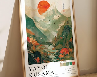 Fiji Mountain Yayoi Kusama, Forest Wallpaper, Colorful Landscape Print, Green Japandi Wall Art, Wabi Sabi Poster, Japan Zen Painting
