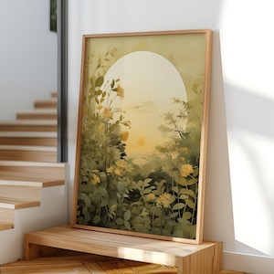 Goldener Sonnenaufgang Botanischer Kunstdruck, Natur inspirierte Torbogen-Dekor, ruhige Wandkunst für moderne Häuser, beruhigende Naturkunst, sensationelle Kunst