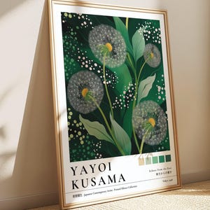 Tarassaco di Yayoi Kusama, Stampa botanica colorata, Carta da parati con giardino giapponese, Arte murale verde giapponese, Poster Wabi Sabi, Pittura zen naturale