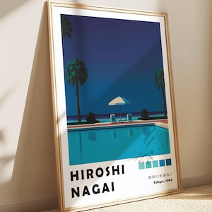 Poster di Hiroshi Nagai con piscina a sfioro, mostra d'arte sull'oceano, stampa pop art giapponese anni '80, dipinto vaporwave retrò, carta da parati Wabi Sabi
