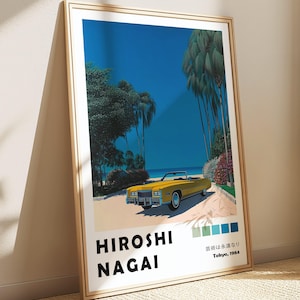 Beach Hiroshi Nagai, Yellow Classical Car Poster, 1980s City Pop Art Print, Retro Vaporwave Painting, Japandi Wall Art, Wabi Sabi Wallpaper