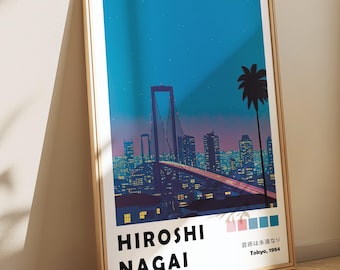 Skyline Bridge Hiroshi Nagai Poster, Hawaii Art, Japanese 80s City Pop Art Print, Retro Vaporwave Painting, Japandi Exhibition Wall Art