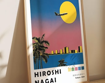 Plane at Sunset Hiroshi Nagai Poster, Synthwave Exhibition Art, Pixel 80s City Pop Art Print, Japandi Wall Decor, Wabi Sabi Wallpaper