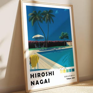 Poster di Hiroshi Nagai a bordo piscina, arte estiva, stampa pop art giapponese anni '80, dipinto vaporwave, decorazione murale Japandi, carta da parati Wabi Sabi