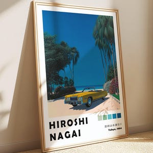 Beach Hiroshi Nagai, Gelbes Oldtimer Poster, 80er Jahre City Pop Art Print, Retro Dampfwellen Malerei, Japandi Wandkunst, Wabi Sabi Tapete