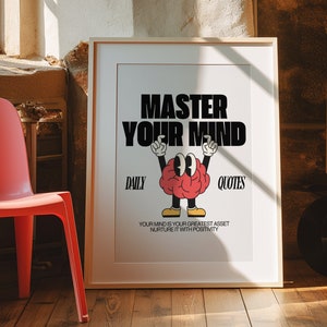 Padroneggia la tua mente Poster motivazionale retrò, Arte della parete ispiratrice, Stampa del pensiero positivo, Decorazione della forza mentale, Arte del cervello dei cartoni animati