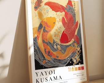 Koi Fish Yayoi Kusama, Gold Red Pond Print, Orange and Yellow Wallpaper, Sea Life Japandi Wall Art, Wabi Sabi Poster, Zen Painting