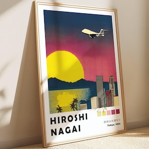 Plane Sunset Hiroshi Nagai, Exhibition Poster, Synthwave 80s City Pop Art Print, Retro Vaporwave Painting, Pixel City Art Wabi Sabi Art
