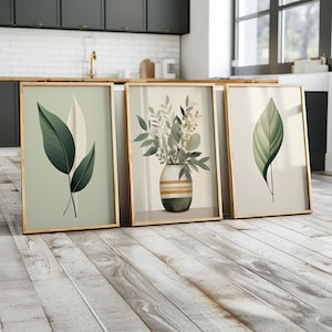 Set of 3 Green Leaf Art Prints, Green Botanical Wall Decor, Minimalist Leaf Illustrations for Living Room, Modern Floral Botanical Wall Art