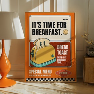 Retro Breakfast Poster, It&#39;s Time for Breakfast, Vintage Breakfast Menu Sign, Kitchen Wall Art, Bread Toast Poster, Retro Diner Decor