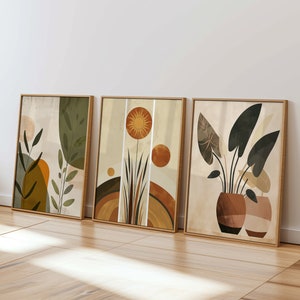 Conjunto de arte de parede botânica terrosa, estampas de plantas boho para sala de estar, decoração abstrata em tons quentes, tríptico inspirado na natureza
