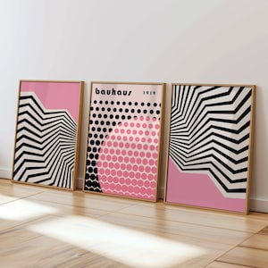 Bauhaus Rosa Geometrische Poster, 3er-Set Poster, Moderne Drucke, Abstraktes minimalistisches Dekor, Ausstellungskunst, Rosa und Schwarz gestreifte Plakate