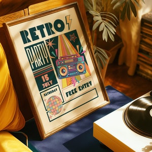 Retro Party Poster, Vintage 80s Party Wall Art, Colorful Music Poster, Boombox Retro Decor, 80s Boombox Wall Art, Colorful Retro Wallpape
