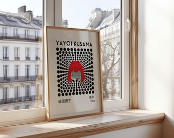 Yayoi Kusama Poster, rote abstrakte Kunst, Polka Dots Design, japanische moderne Wandkunst, Kusama Ausstellungsplakat, minimalistischer Punktdruck