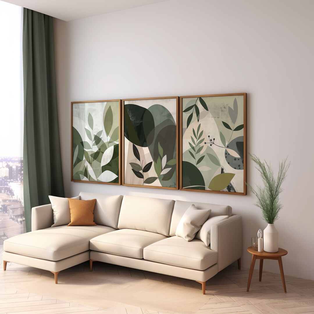 Green Botanical Art Prints, Set of Three, Modern Abstract Leaf Wall Art ...