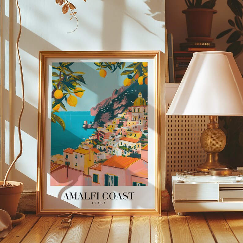 Affiche de la côte amalfitaine, impression d'art de voyage en Italie, décoration murale bord de mer Méditerranée, affiche de voyage de style vintage, paysage côtier, art coloré image 2