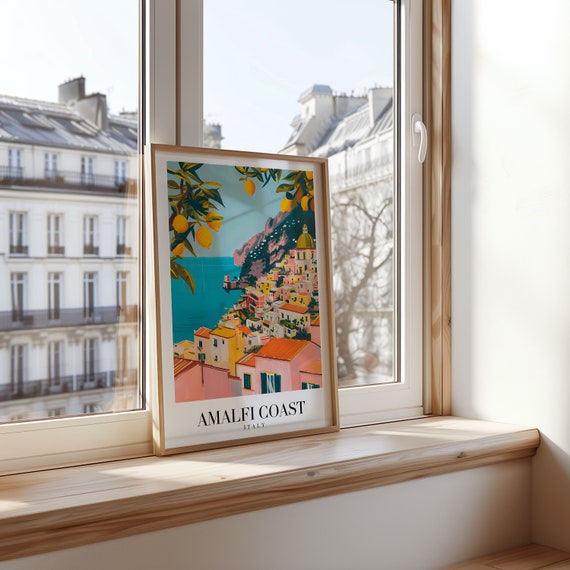 Amalfi Coast Poster, Italy Travel Art Print, Mediterranean Seaside Wall Decor, Vintage Style Travel Poster, Coastal Landscape, Colorful Art