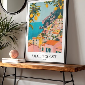 Affiche de la côte amalfitaine, impression d'art de voyage en Italie, décoration murale bord de mer Méditerranée, affiche de voyage de style vintage, paysage côtier, art coloré image 6