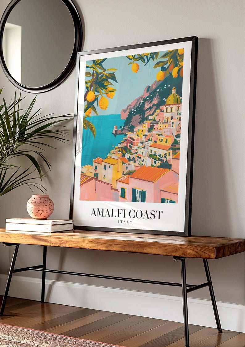 Affiche de la côte amalfitaine, impression d'art de voyage en Italie, décoration murale bord de mer Méditerranée, affiche de voyage de style vintage, paysage côtier, art coloré image 6