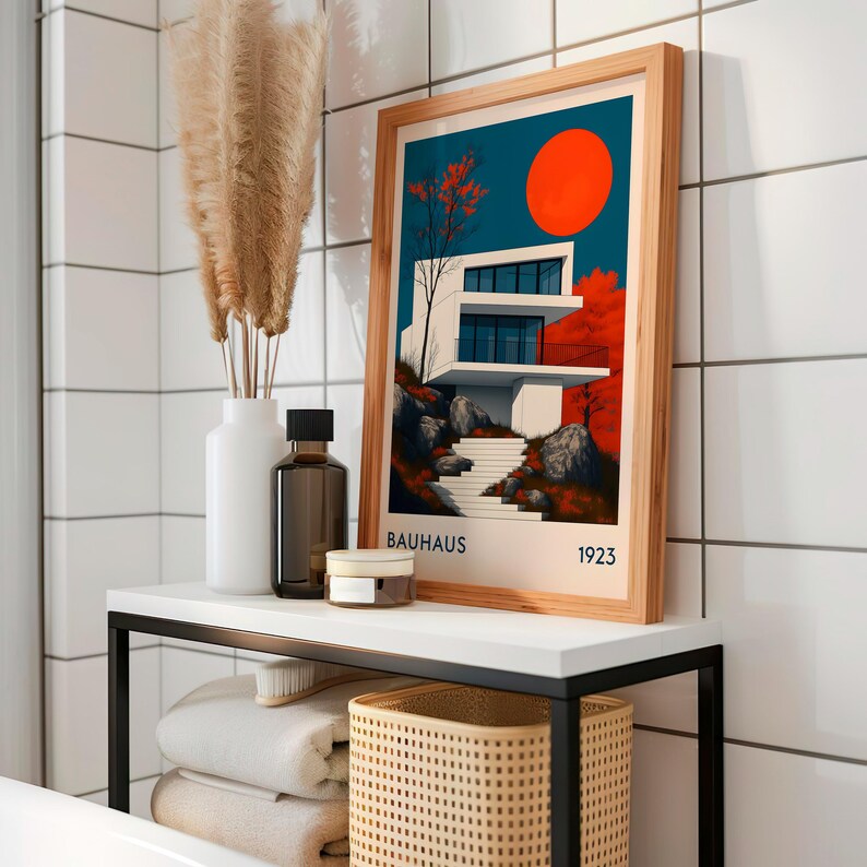 Bauhaus Modernist House Poster, Red Sun Architecture Print, Geometric ...