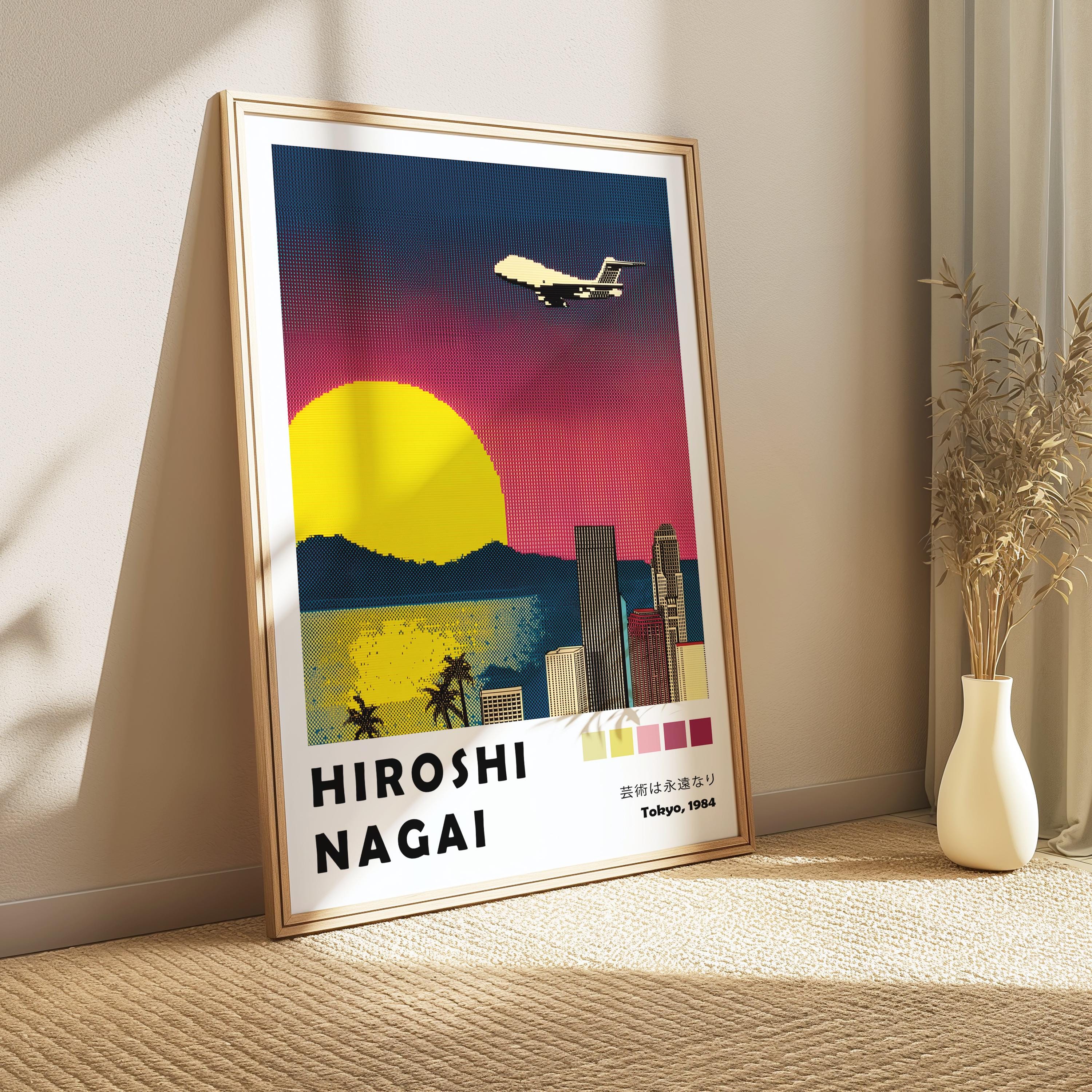 Plane Sunset Hiroshi Nagai, Exhibition Poster, Synthwave 80s City